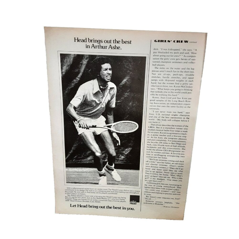 1974 Arthur Ashe AMF Head Tennis Racquet Racket Original Print Ad 70s